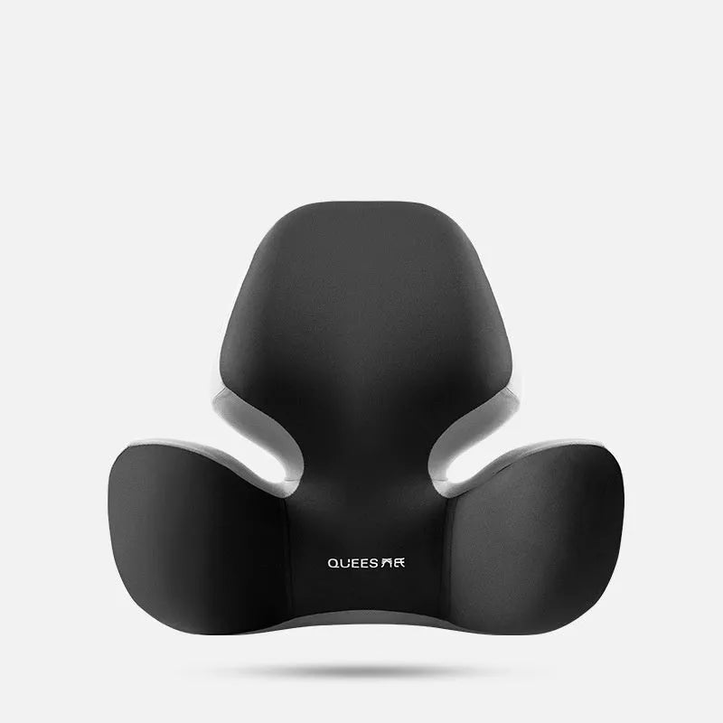 Black and grey memory foam car seat lumbar support pillow and matching headrest cushion on a car seat