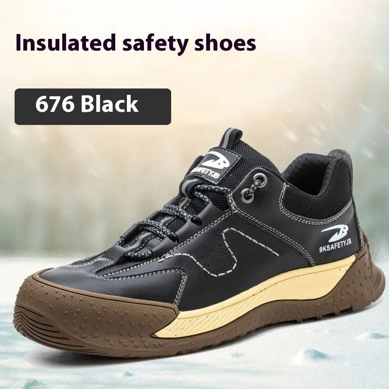 Flyknit safety work shoes with leather upper and rubber sole in multiple colours