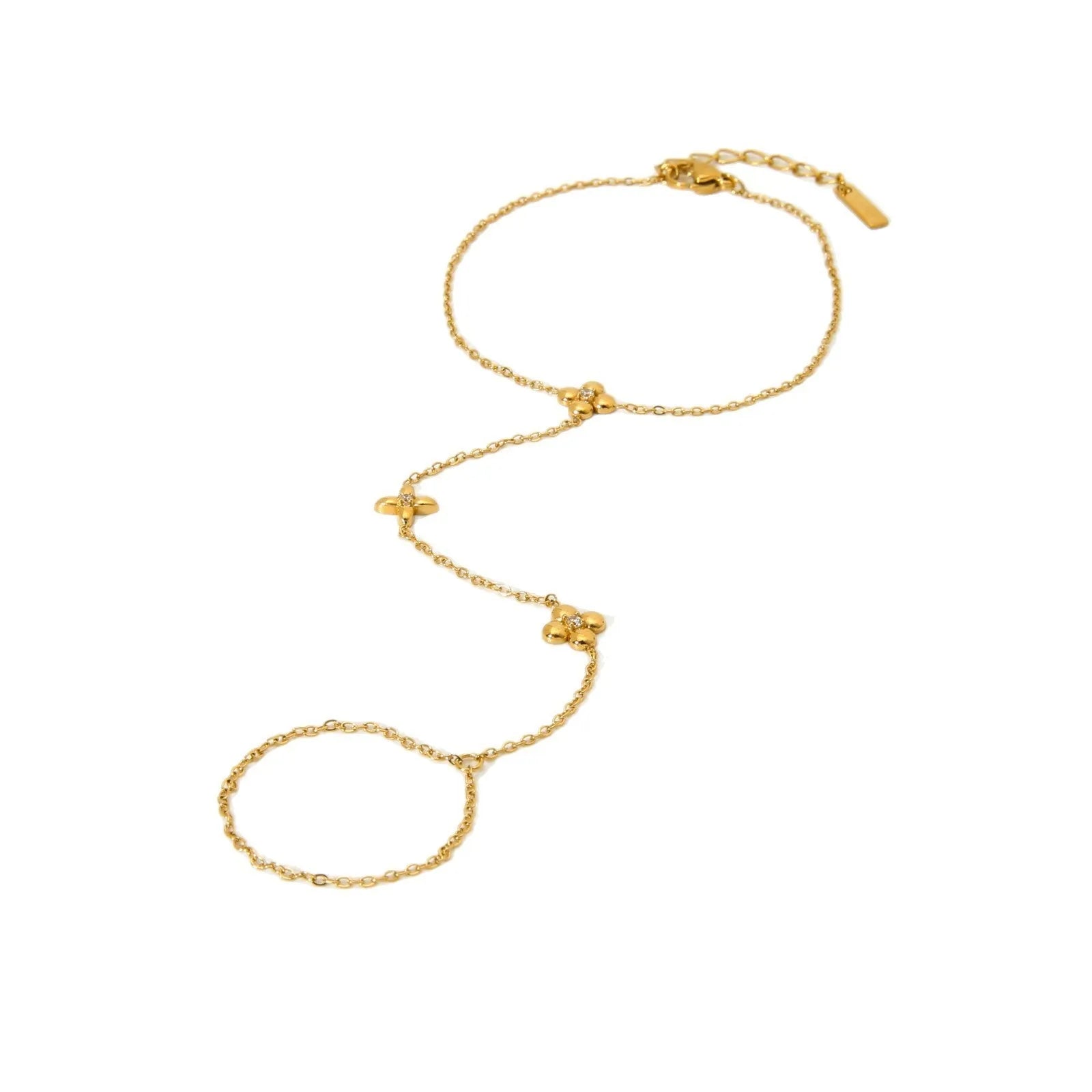 Gold colour women's bracelet with geometric eight-pointed stars and floral design elements on stainless steel