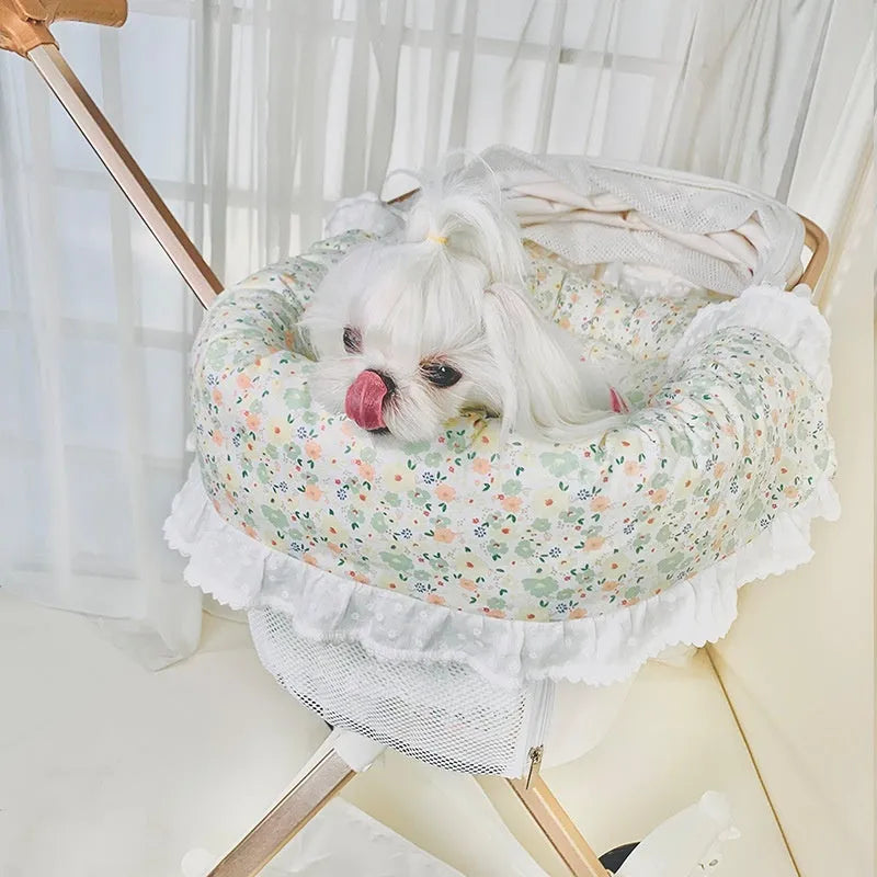 Pet stroller three-piece accessory set showing anti-dirty towel, cushion, and pillow in cotton cloth with floral pattern