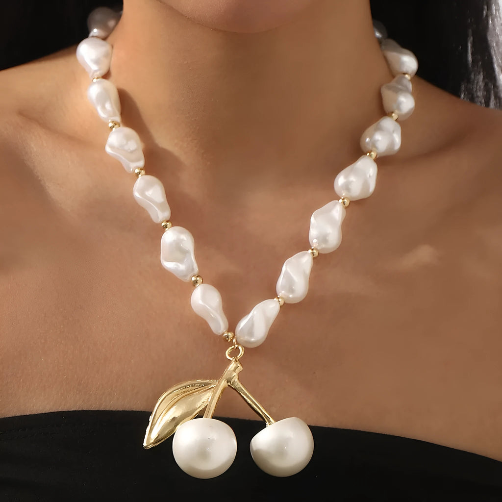 Creative cherry fruit necklace for women with adjustable pearl chain in gold or white K electroplated finish