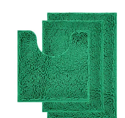 Chenille long hair three-piece bathroom carpet set with U-shaped toilet mat in green.