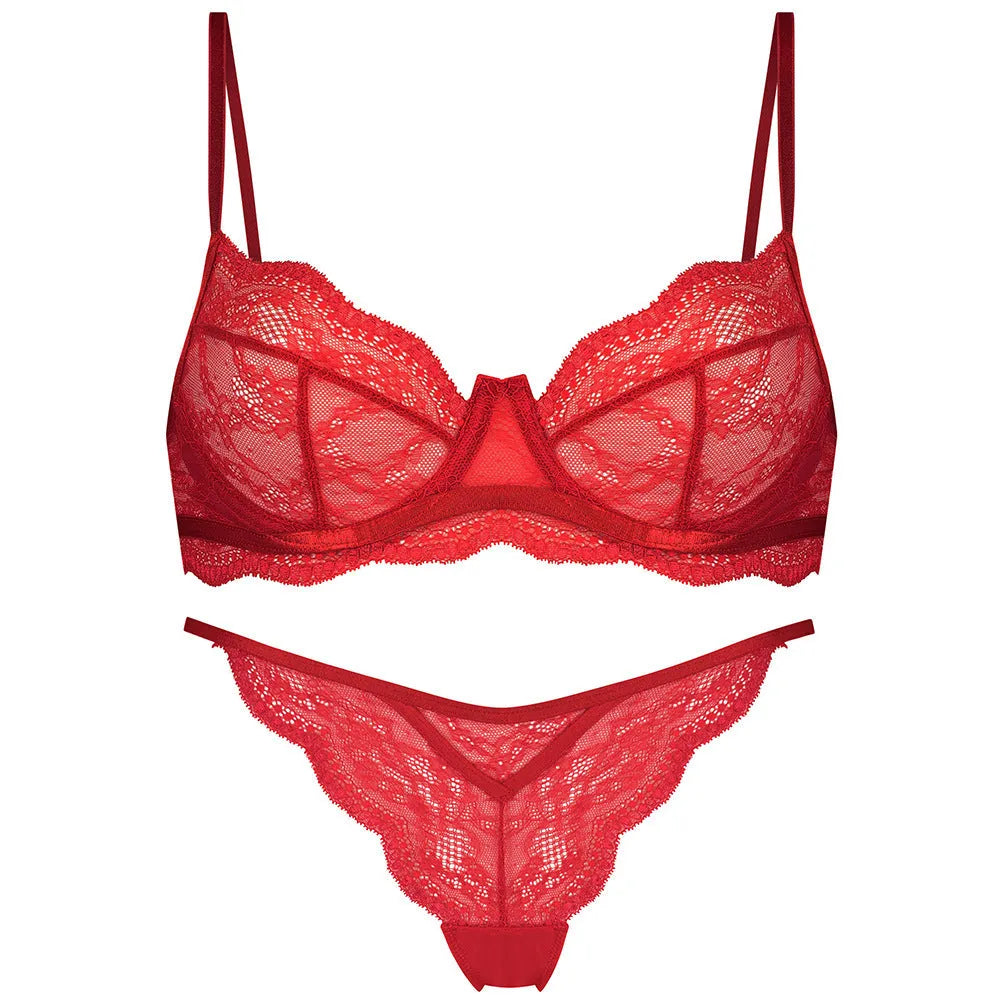 Women's French bra suit bikini set with fixed double-shoulder straps in black, red, or green