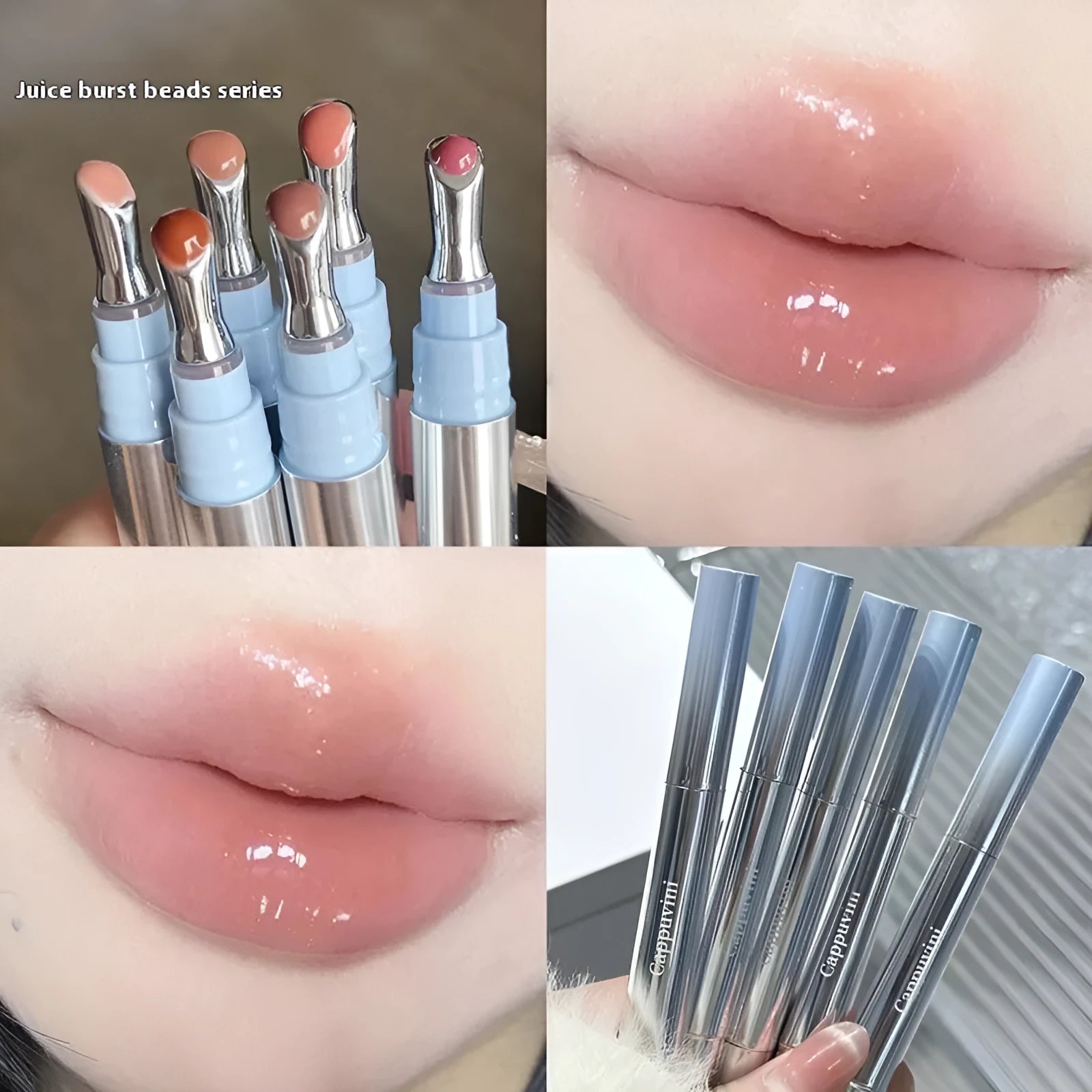 Mirror Water Light lipstick in six translucent ice shades on a white background.