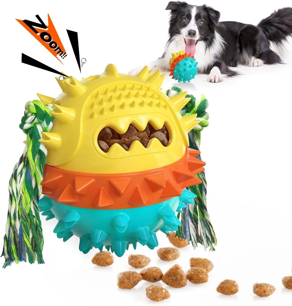 Blue TPR rubber dog chew toy with treat dispenser hole and squeaker for large breed dogs