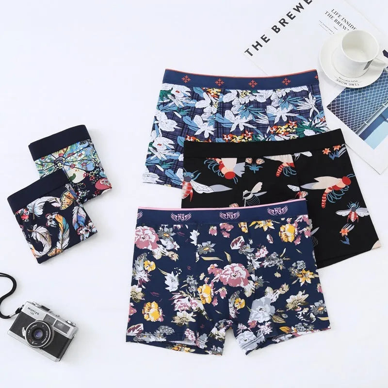 Men's cotton boxer underwear with U-shaped convex design in floral pattern colours