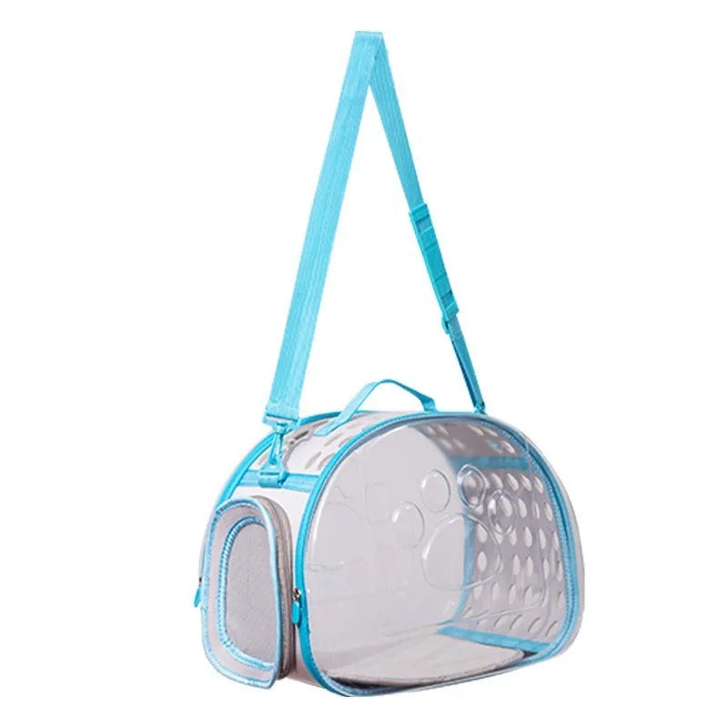 Large transparent hard-shell EVA cat backpack carrier folded and in use, shown in various colours.