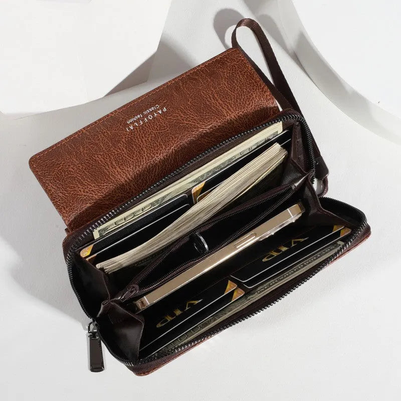 Men's black PU leather bi-fold wallet open to show multiple card slots, alongside brown and coffee colour variants.