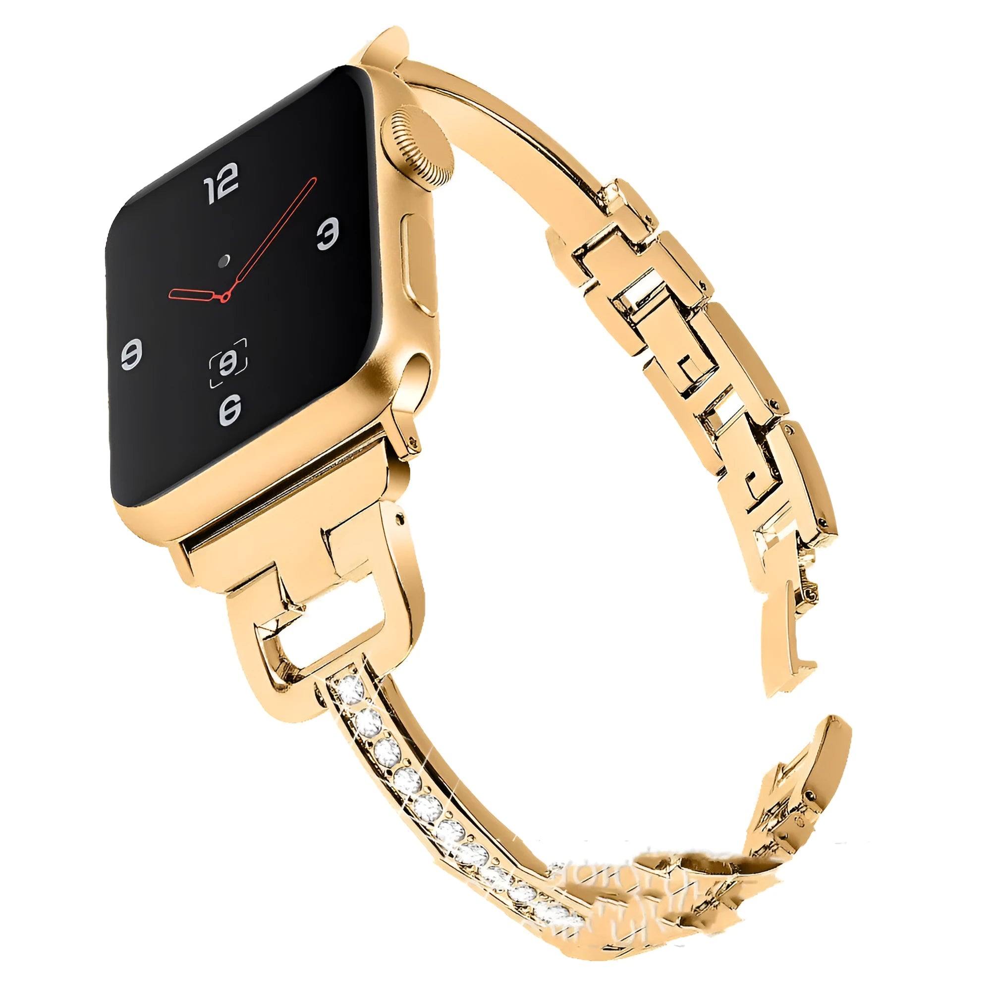 Apple Watch compatible smartwatch with D-shaped metal diamond strap in multiple colour options
