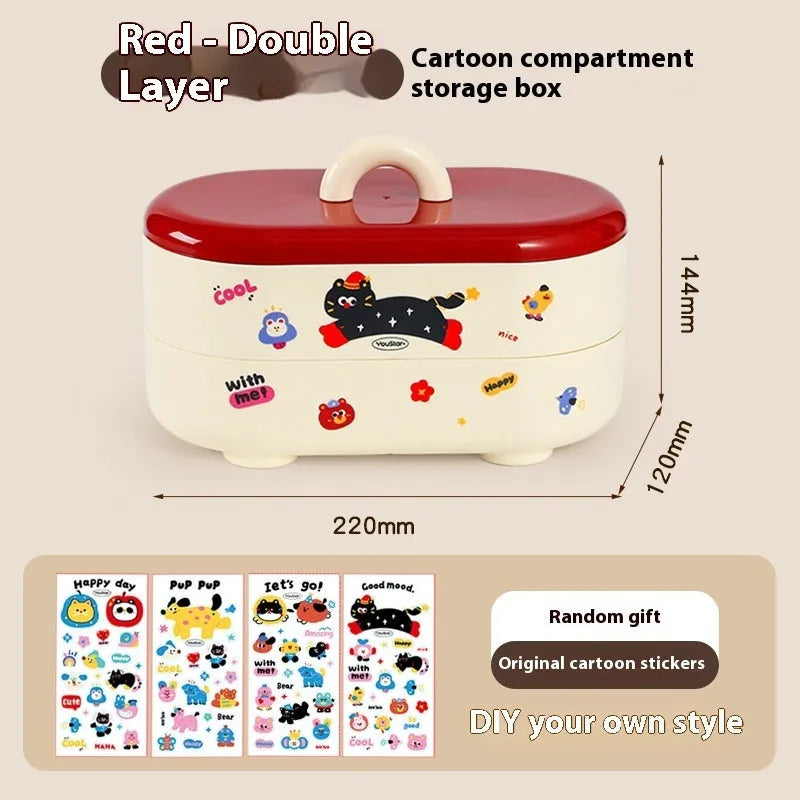 Red and brown cartoon-style plastic desktop storage organiser with grid compartments.