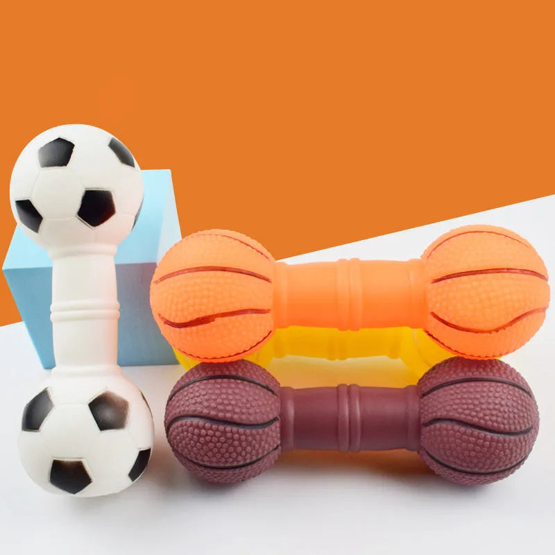 PVC football dumbbell shaped dog chew toy with squeaker in assorted colours