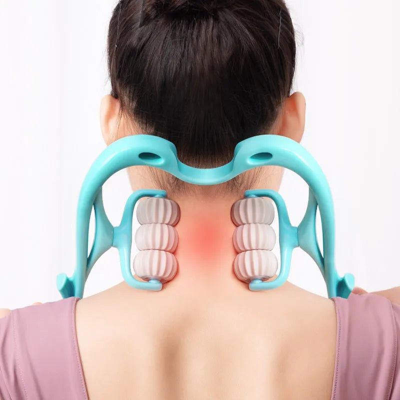 Blue plastic handheld massager with six rotating wheels for neck and shoulder massage.