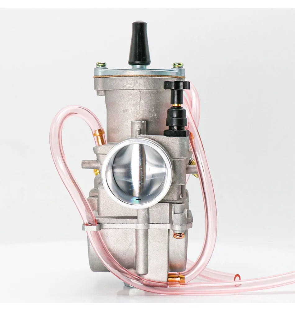 PWK sandblasting motorcycle carburetor for performance modification, shown in multiple bore sizes.