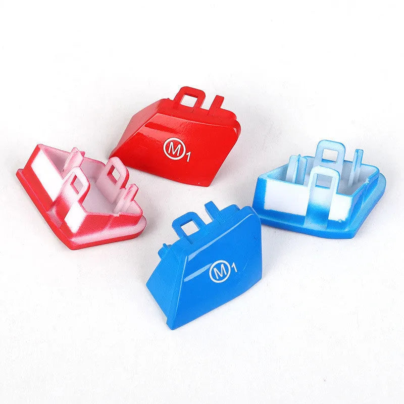 Pair of red and blue M1M2 steering wheel mode buttons for BMW F30 and F34 models with installation keys.