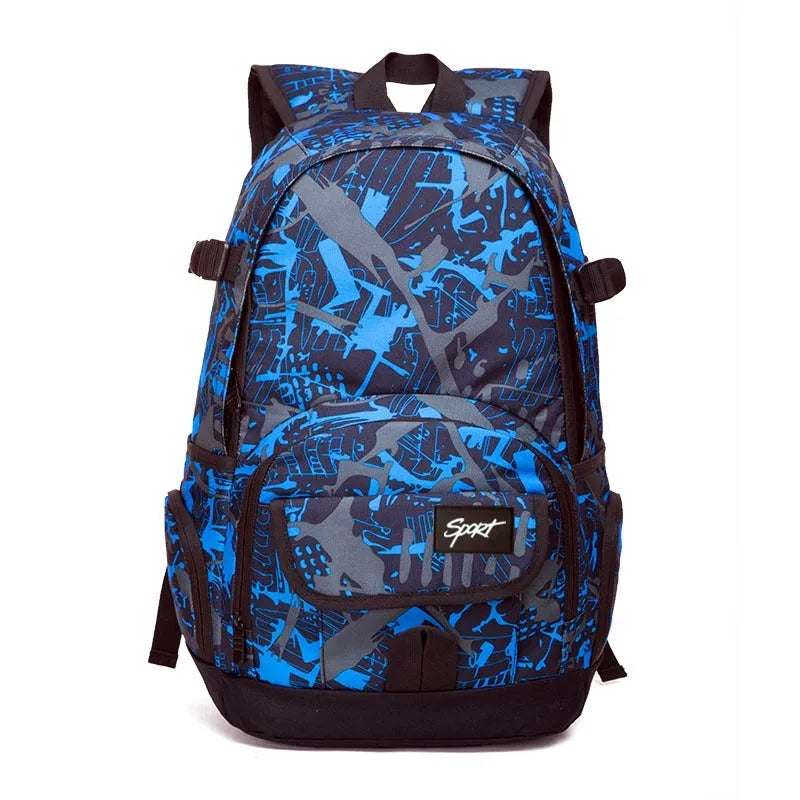 Classic blue nylon backpack with large main compartment and adjustable straps.