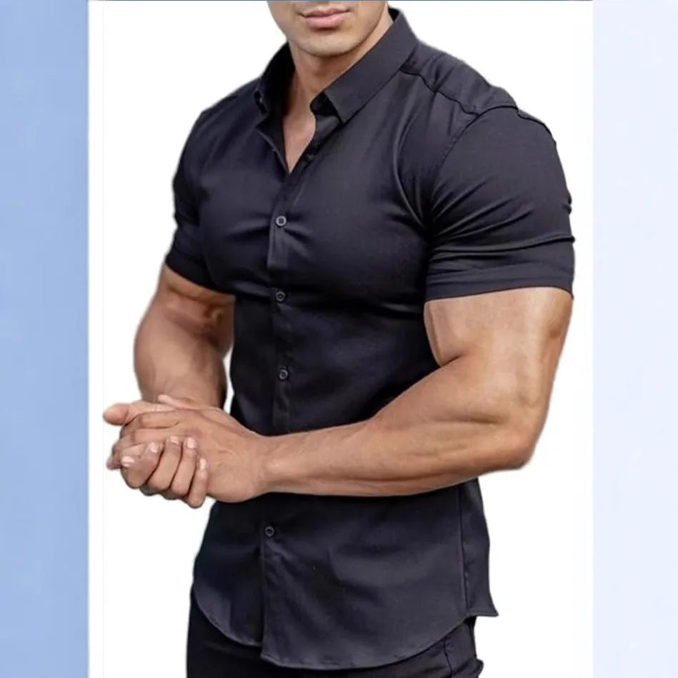 Men's short sleeve printed casual shirt with collar in cardigan style showing colour options