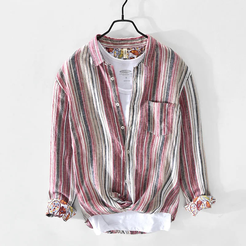 Men's striped linen casual shirt in loose fit with long sleeves