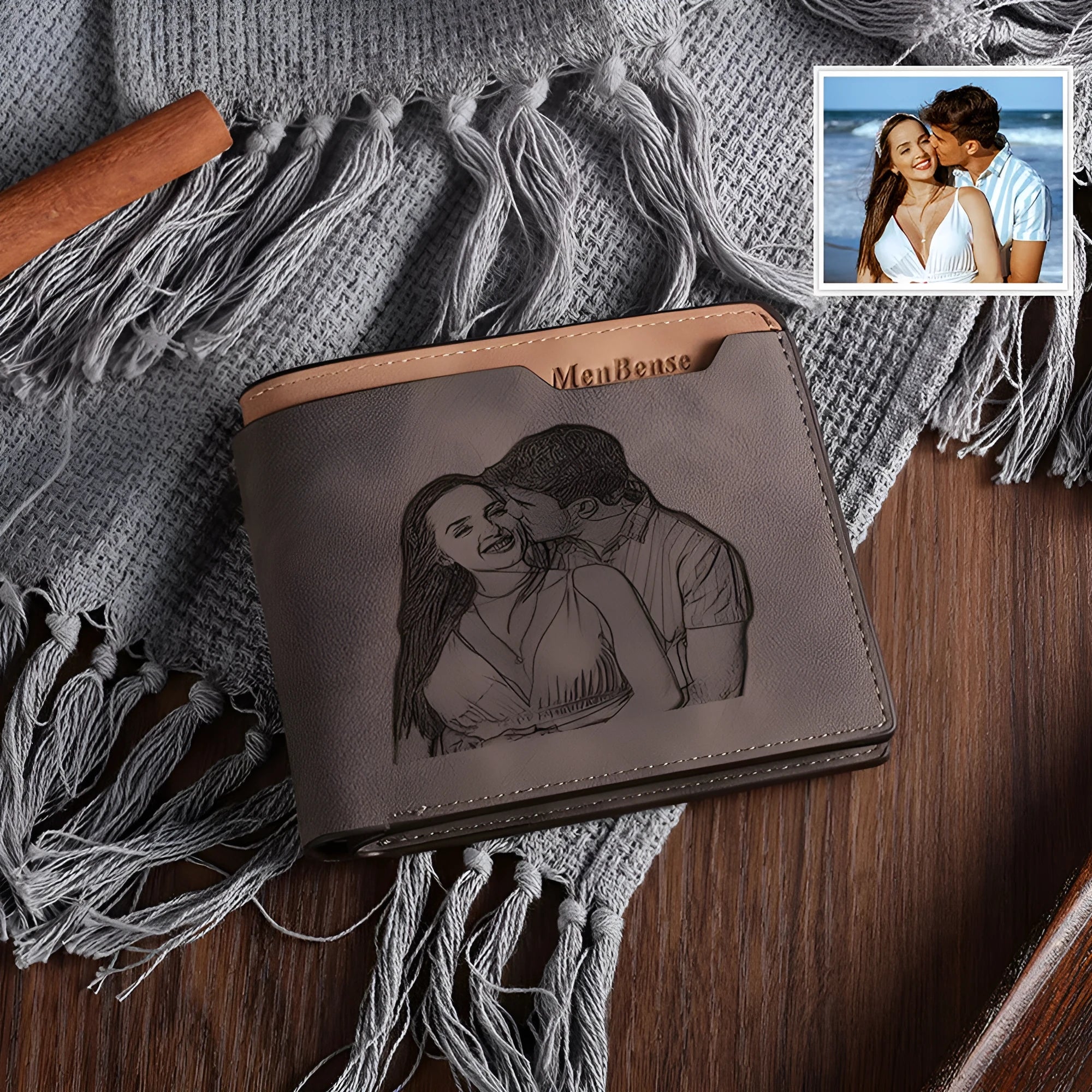 Coffee-colour engraved horizontal short wallet made from PU leather showing personalisation space.