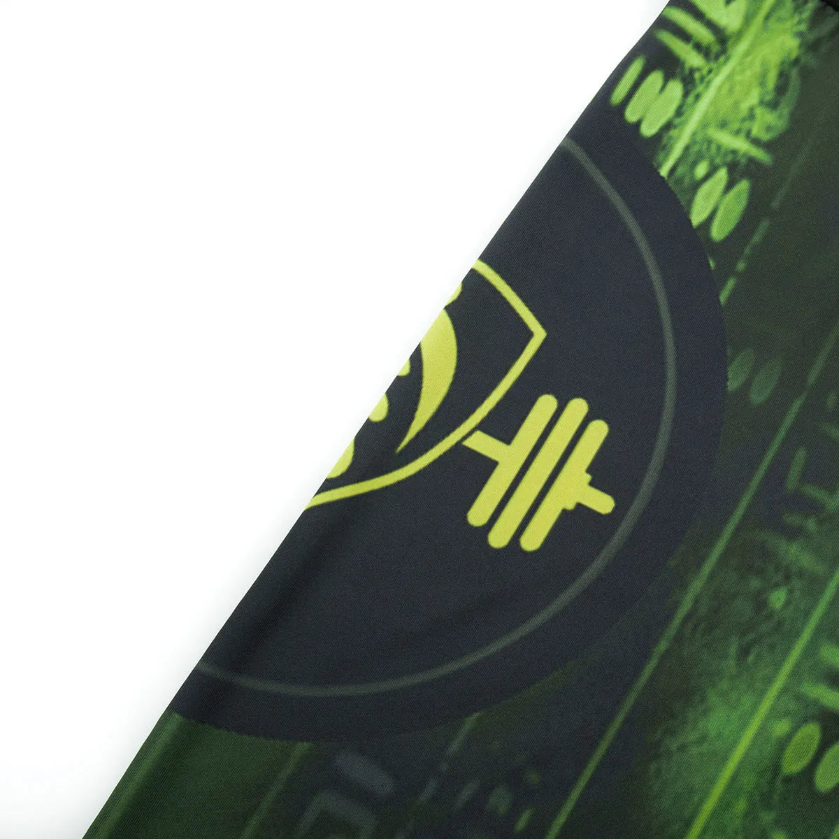 Man wearing a slim fit, long sleeve ZF016 printing style sports suit for running and fitness activities.