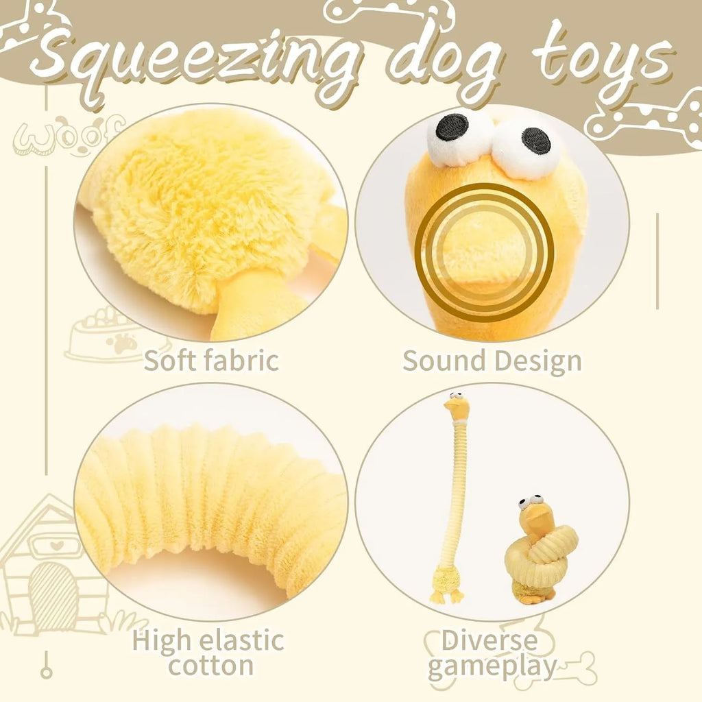 Brown, grey, and yellow plush dog toys with squeaker and crinkle sound features