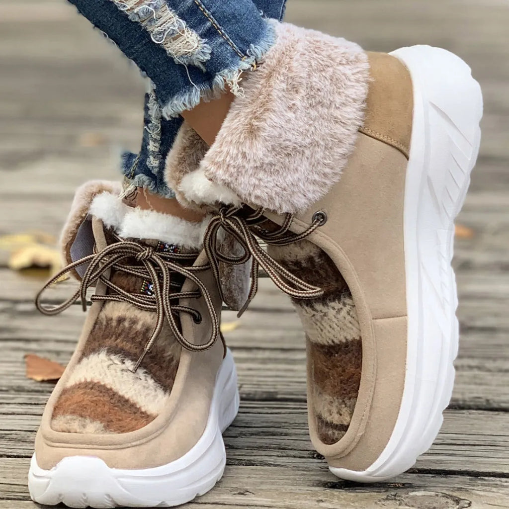 Women's beige lace-up snow boots with fuzzy lining and thick platform soles