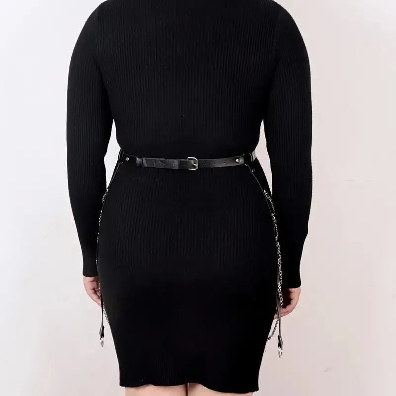 Black PU leather waist chain ornament with bandage detail and chain binding decoration
