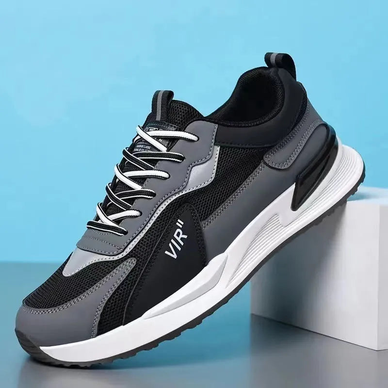 Men's colour block mesh sneakers with lace-up design and round toe in black, grey, and white options