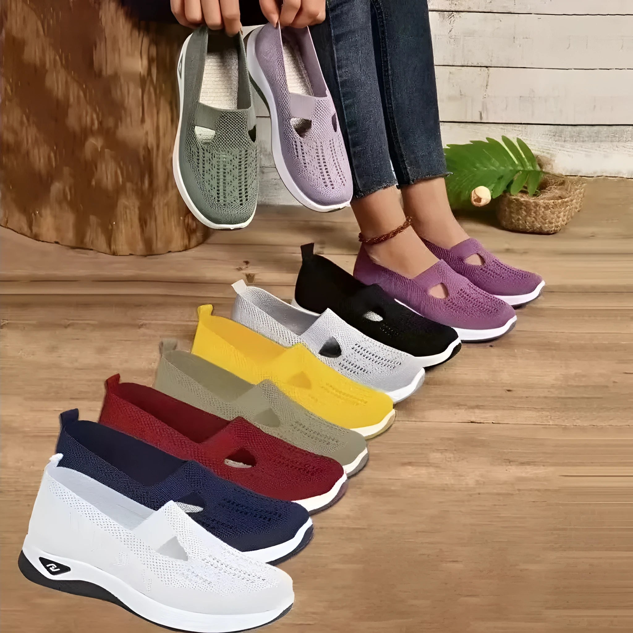 Casual mesh walking shoes with T-strap in multiple colours on a soft PVC sole.