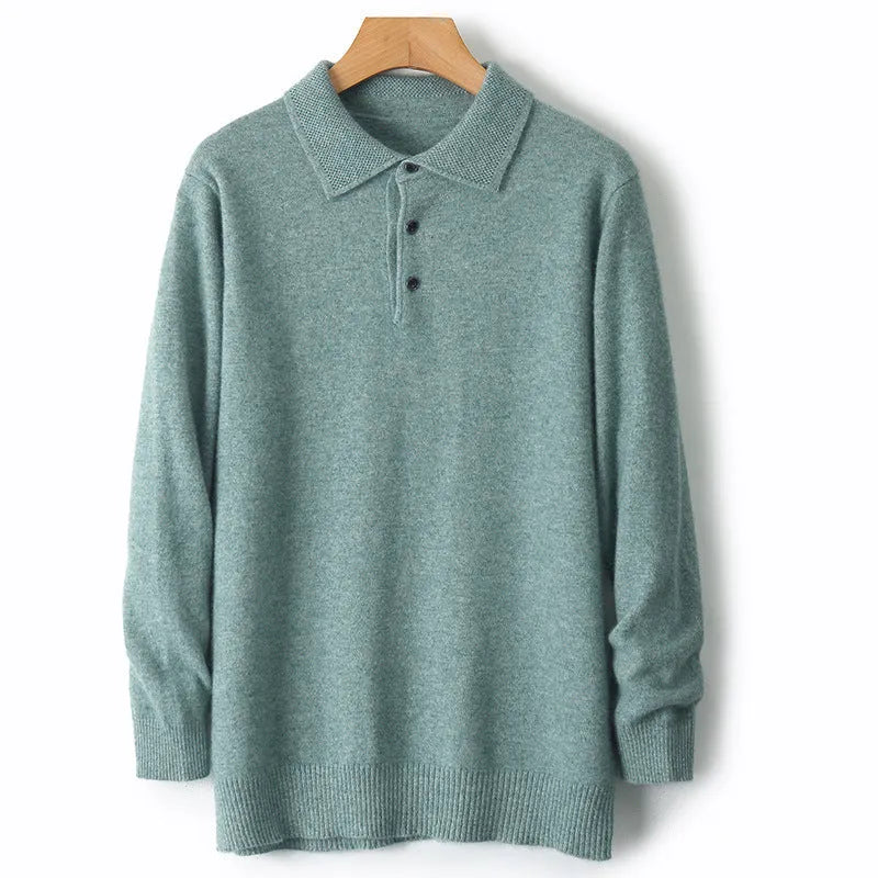 Men's woolen pullover sweater with a polo collar, shown in one of seven available colours.