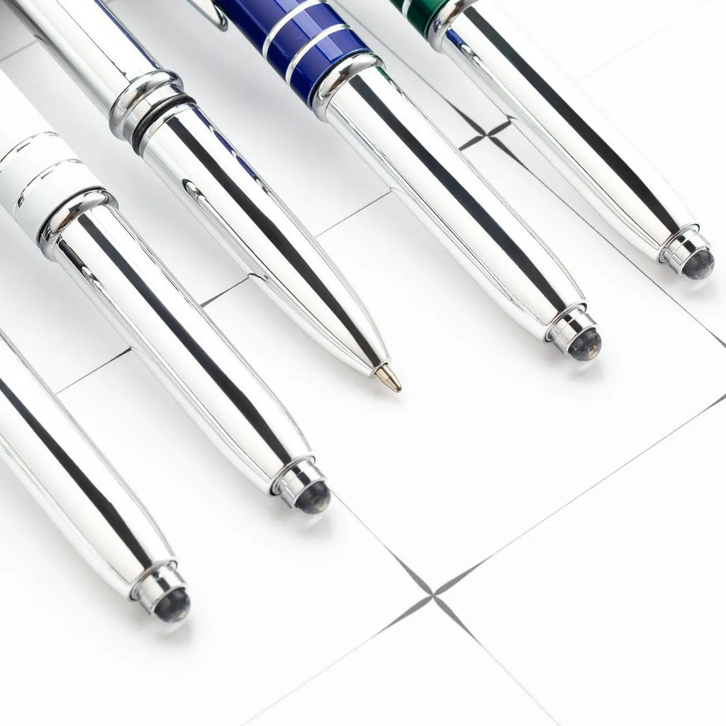 Red metal capacitive stylus ballpoint pen with LED light and bullet tip