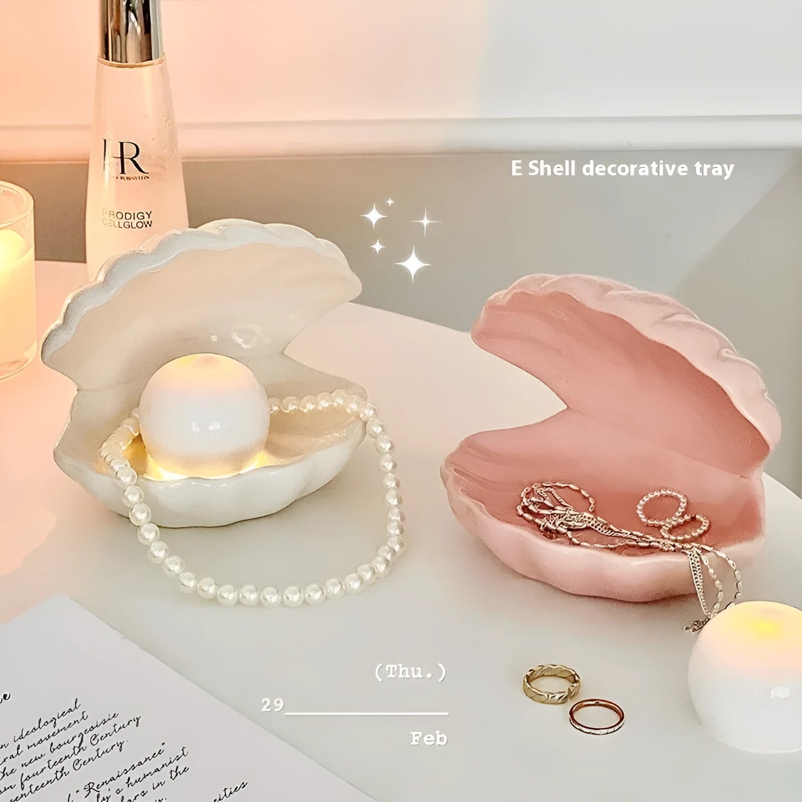 Yellow porcelain storage tray with white decorative shell and optional LED night light