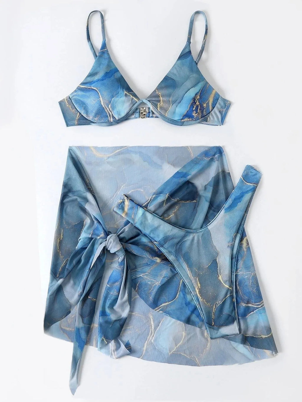 Women's marble print three-piece bikini swimwear set with skirt, bra, and panties.