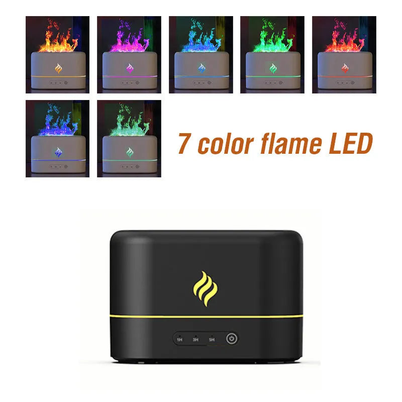 Black or white USB-powered humidifier with seven-colour flame light effect and mist output.