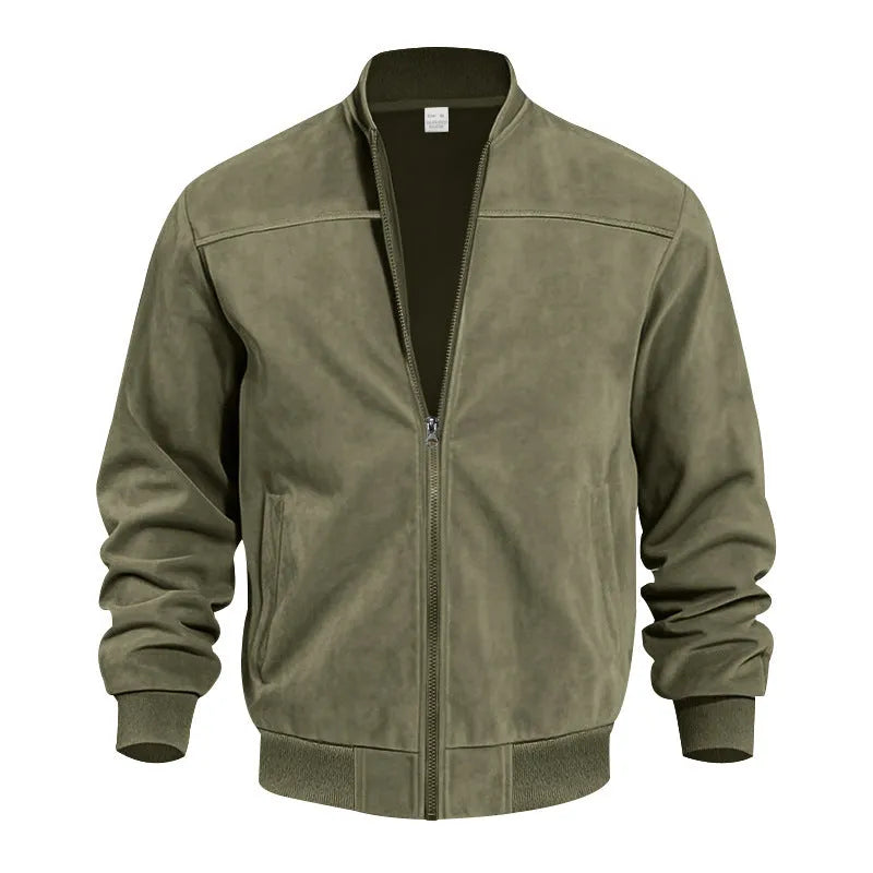 Men's plus size casual jacket in polyester suede fabric, shown in Army Green colour.