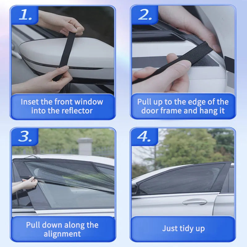 Non-woven fabric mesh car side window sun shade with elastic edge for front and rear windows.