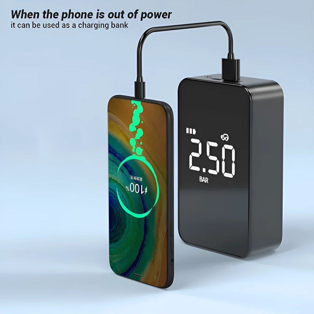Wireless digital display air pump with LCD screen showing pressure reading, compact black design with inflation hose