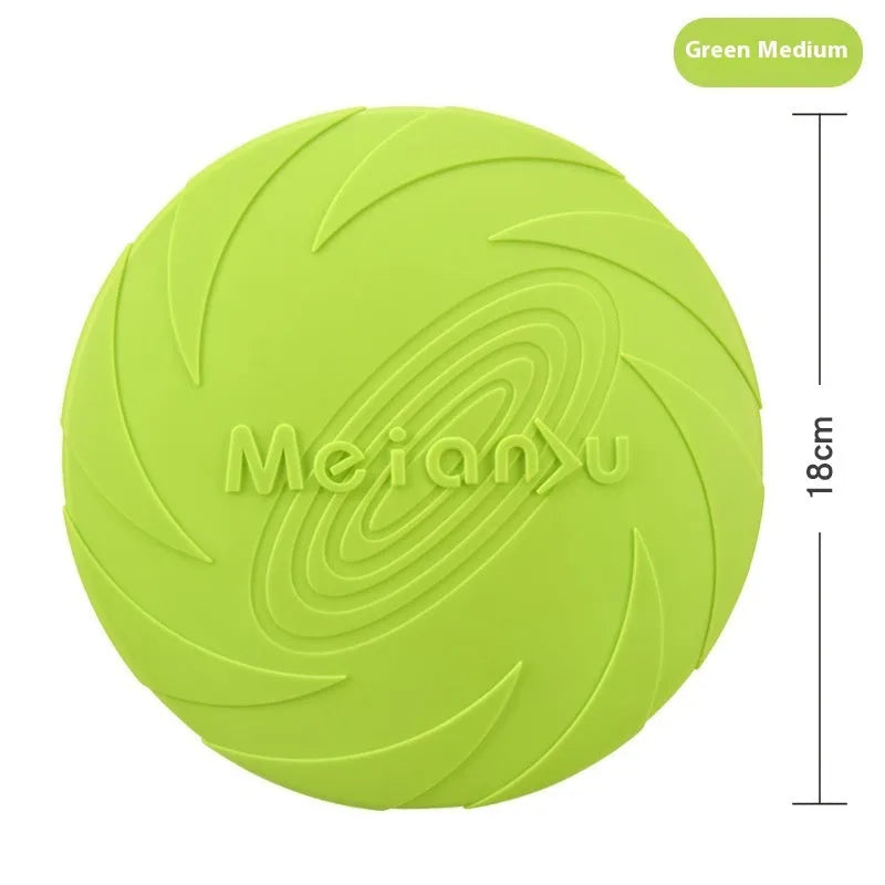 Soft rubber dog frisbee toy for outdoor fetch, shown in three sizes and red, blue, green colour options.