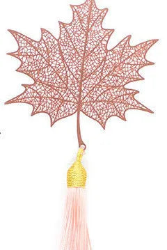 Brass metal bookmark with hollow plating decorative leaf pattern and rose gold tassel