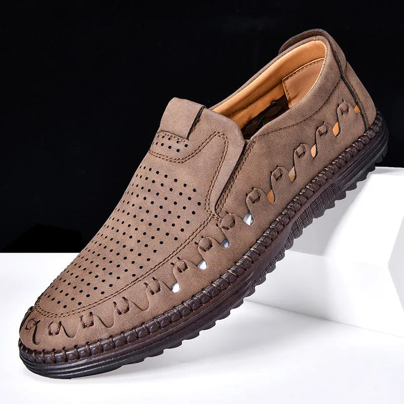 Men's brown handmade PU leather slip-on casual shoes with flat heel and round toe cap.