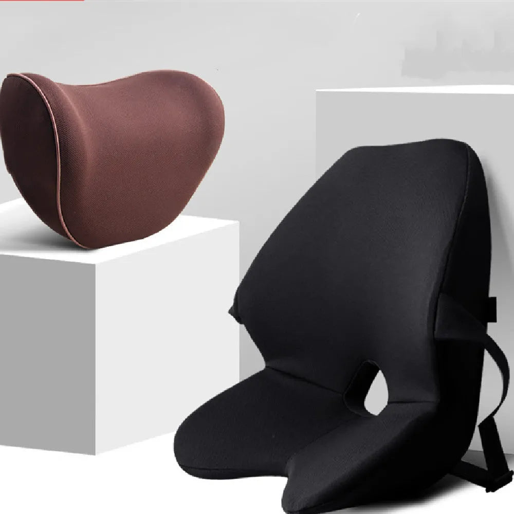 Memory foam car lumbar support cushion and a version with integrated headrest in beige colour.