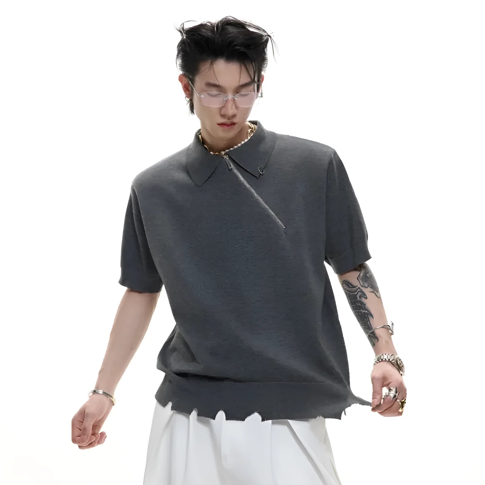 Men's slim-fit knitted polo shirt with ice-feel fabric and oblique zipper lapel collar in solid colour