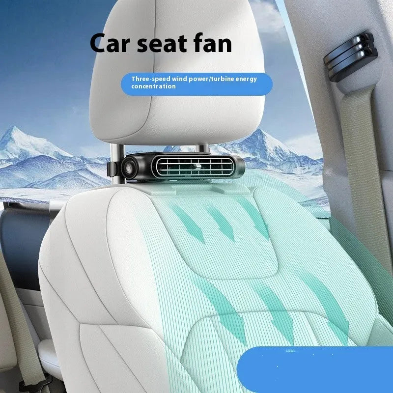 USB car fan mounted on car seat with velcro attachment, showing 3-speed button control