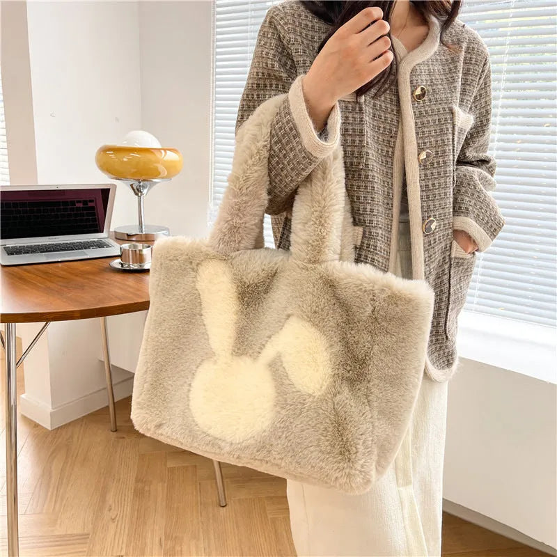 Women's plush tote bag with cartoon rabbit ears design in solid colour