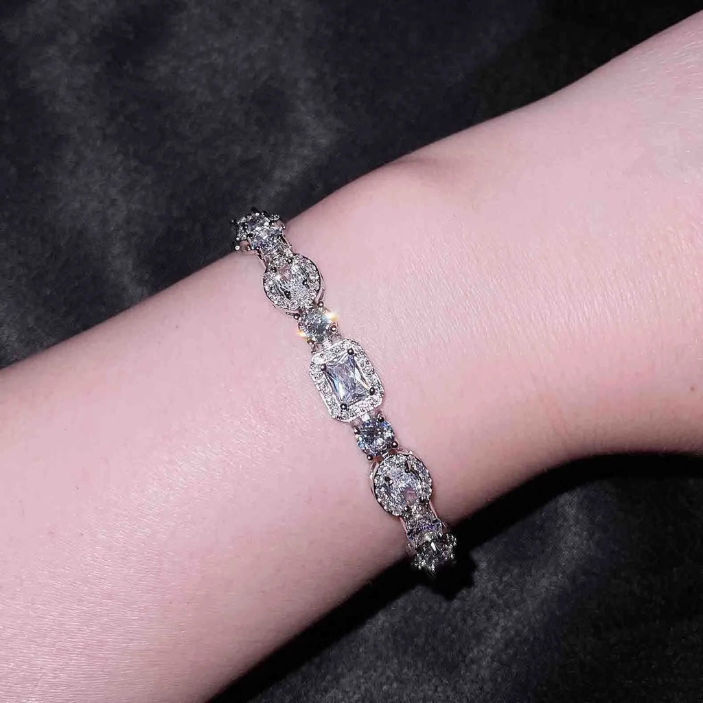 Women's geometric diamond bracelet with sterling silver and white gold plating