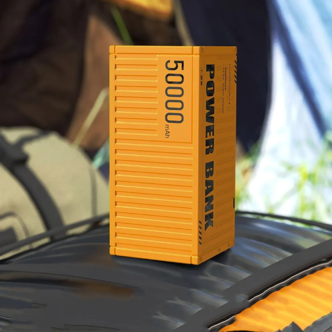 50000mAh yellow black silver plastic power bank with digital display and five USB output ports.