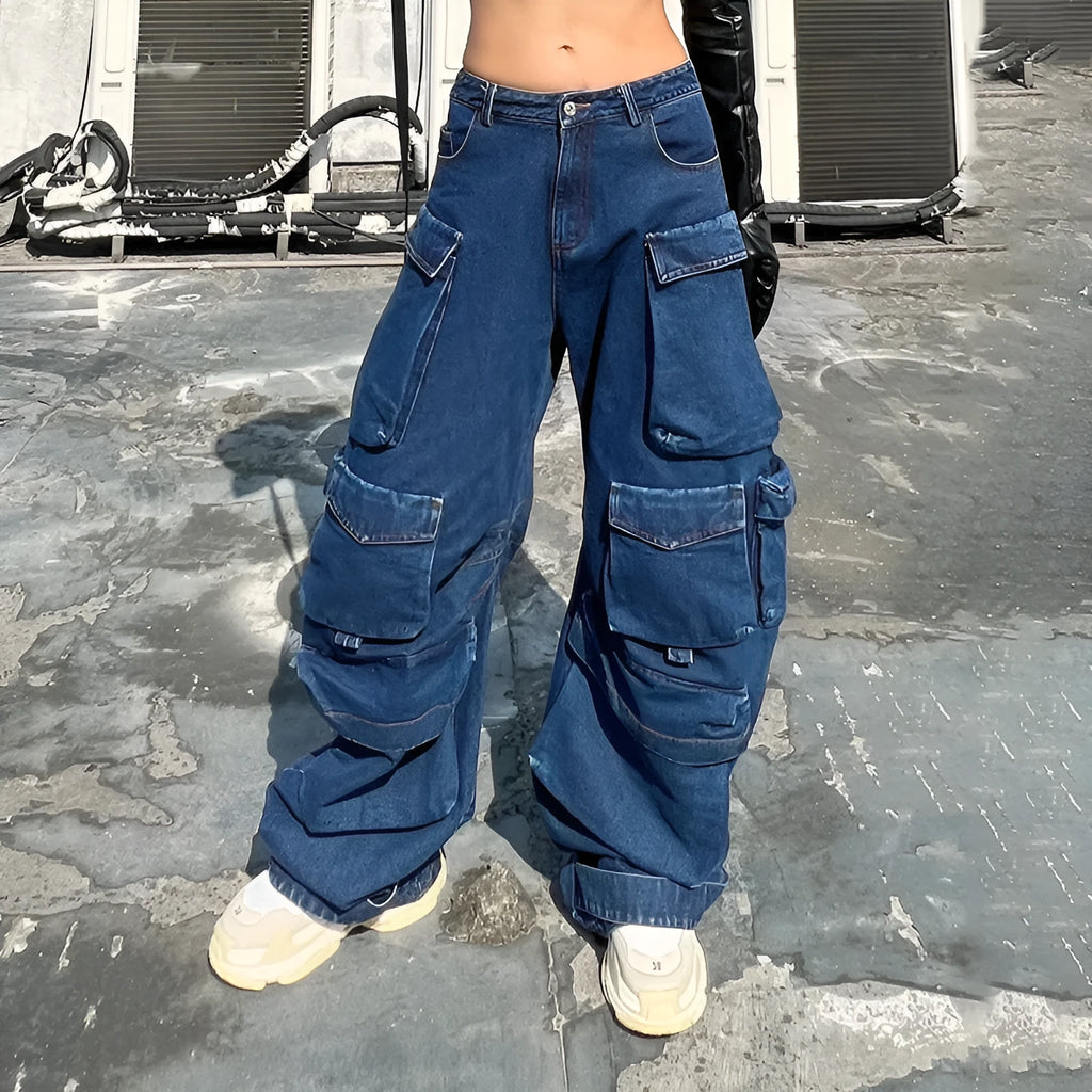 Dark blue wide-leg distressed jeans with high waist and multiple pockets on a mannequin