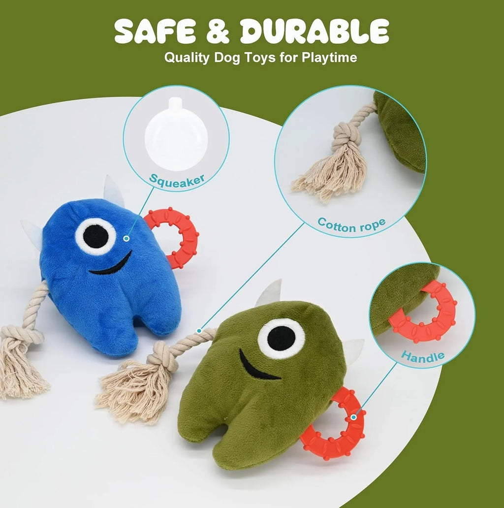 Blue and green plush monster dog toy with integrated cotton rope tug section