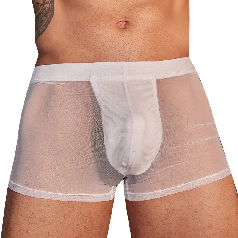 Men's black ultra-thin breathable boxer briefs made from nylon fabric, shown laid flat.