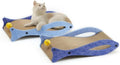 Blue fish-shaped cardboard cat scratcher lounge with an integrated bell ball toy on a string.