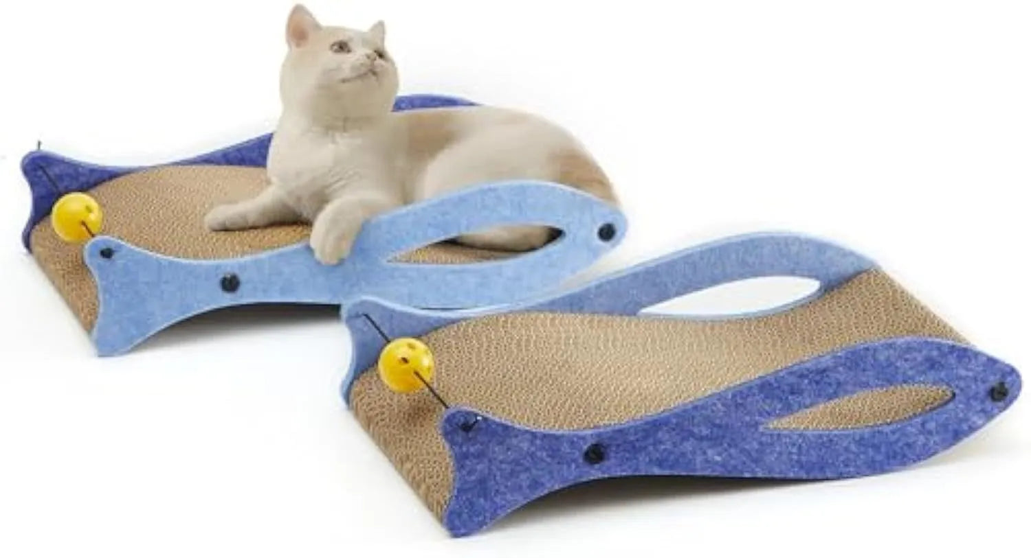 Blue fish-shaped cardboard cat scratcher lounge with an integrated bell ball toy on a string.